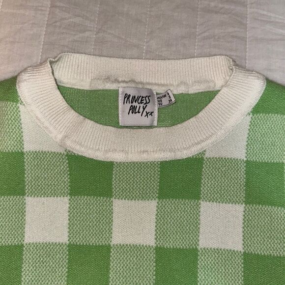 Princess Polly 2 Crewneck Cropped Short Sleeve Casual Check White Green Sweater - Picture 8 of 11
